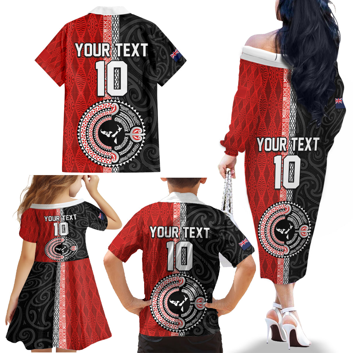 Custom Tonga and New Zealand Rugby Family Matching Off The Shoulder Long Sleeve Dress and Hawaiian Shirt Maori Mix Ngatu Pattern LT03 - Polynesian Pride