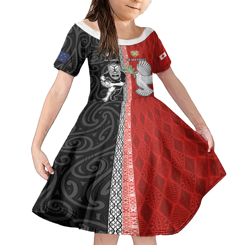 Custom Tonga and New Zealand Rugby Family Matching Off Shoulder Maxi Dress and Hawaiian Shirt Maori Mix Ngatu Pattern LT03 Daughter's Dress Black - Polynesian Pride