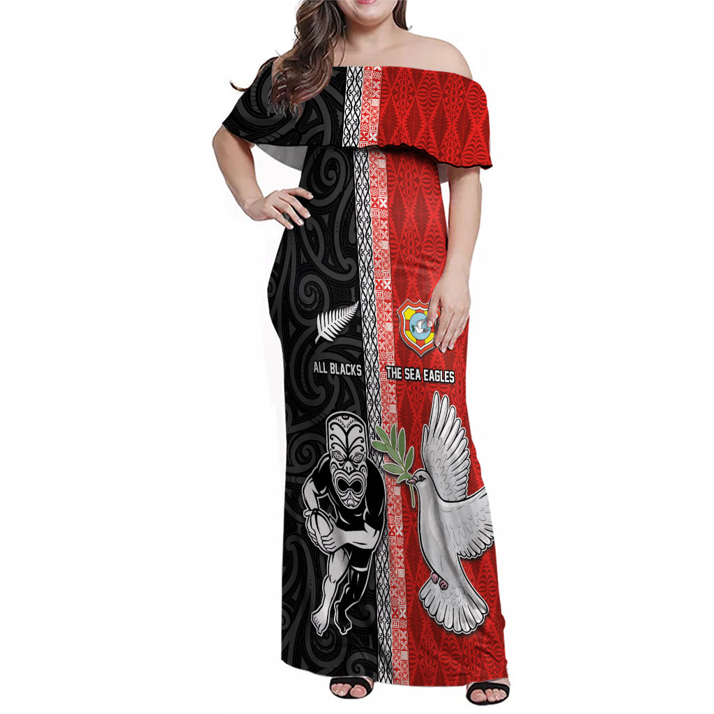 Custom Tonga and New Zealand Rugby Family Matching Off Shoulder Maxi Dress and Hawaiian Shirt Maori Mix Ngatu Pattern LT03 Mom's Dress Black - Polynesian Pride