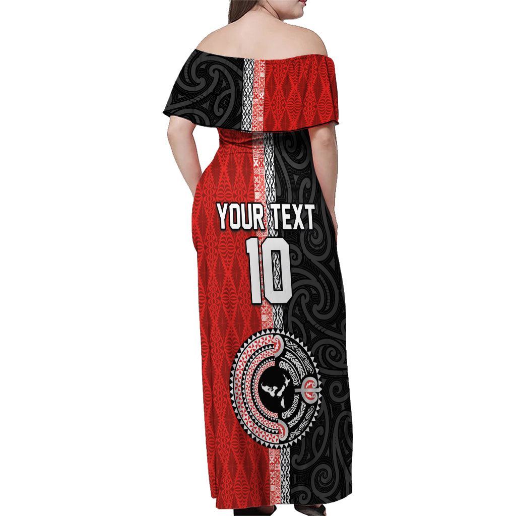 Custom Tonga and New Zealand Rugby Family Matching Off Shoulder Maxi Dress and Hawaiian Shirt Maori Mix Ngatu Pattern LT03 - Polynesian Pride