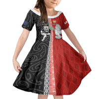 Custom Tonga and New Zealand Rugby Family Matching Off Shoulder Short Dress and Hawaiian Shirt Maori Mix Ngatu Pattern LT03 Daughter's Dress Black - Polynesian Pride