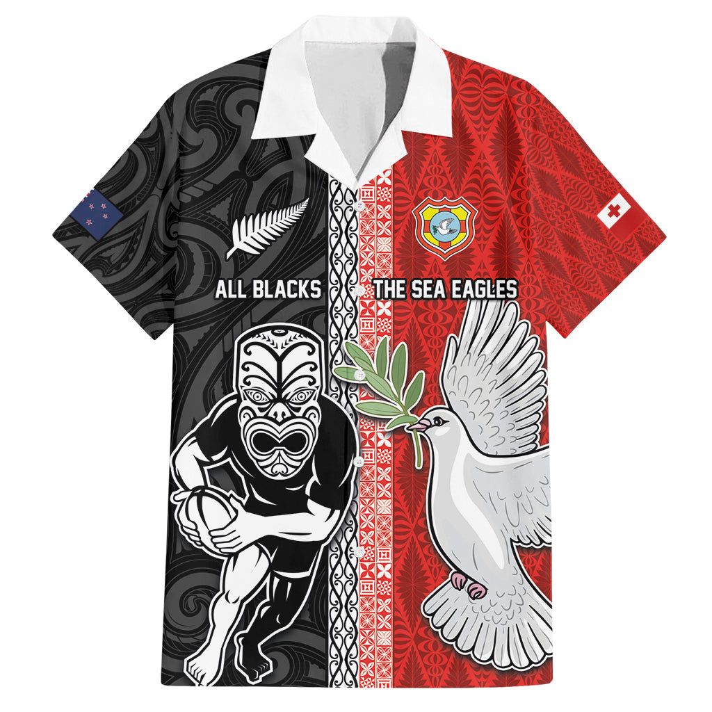 Custom Tonga and New Zealand Rugby Family Matching Off Shoulder Short Dress and Hawaiian Shirt Maori Mix Ngatu Pattern LT03 Dad's Shirt - Short Sleeve Black - Polynesian Pride
