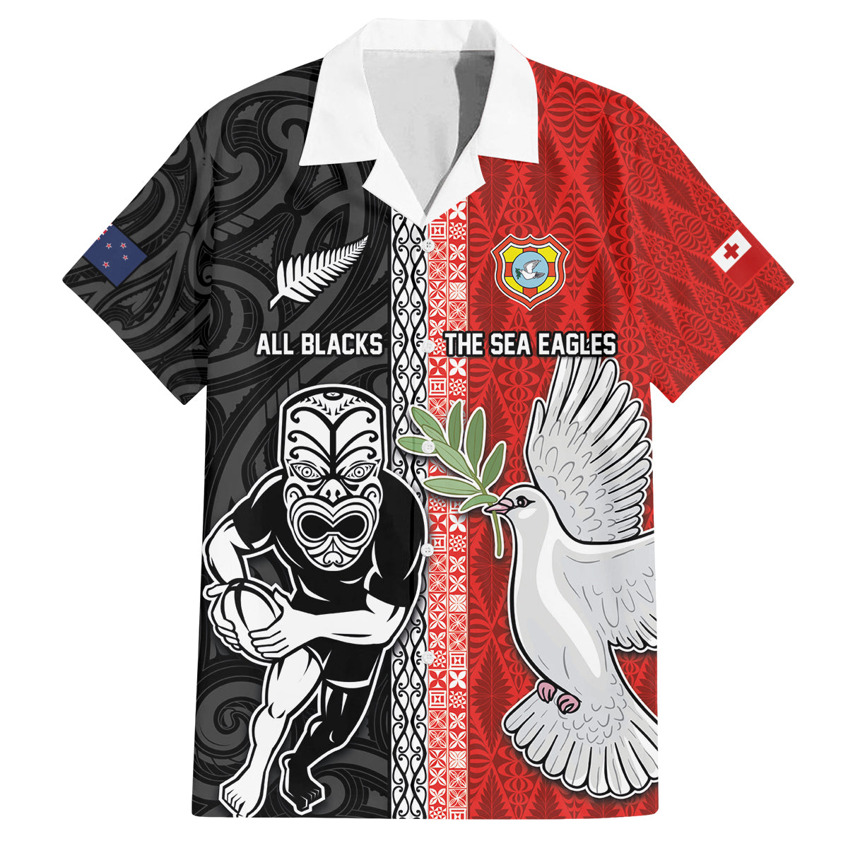 Custom Tonga and New Zealand Rugby Family Matching Puletasi and Hawaiian Shirt Maori Mix Ngatu Pattern LT03 Dad's Shirt - Short Sleeve Black - Polynesian Pride