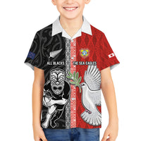 Custom Tonga and New Zealand Rugby Family Matching Puletasi and Hawaiian Shirt Maori Mix Ngatu Pattern LT03 Son's Shirt Black - Polynesian Pride