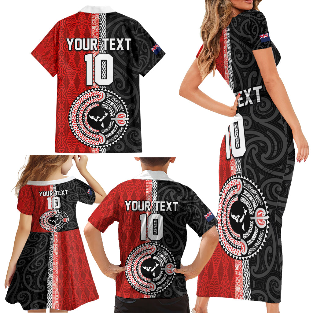 Custom Tonga and New Zealand Rugby Family Matching Short Sleeve Bodycon Dress and Hawaiian Shirt Maori Mix Ngatu Pattern LT03 - Polynesian Pride