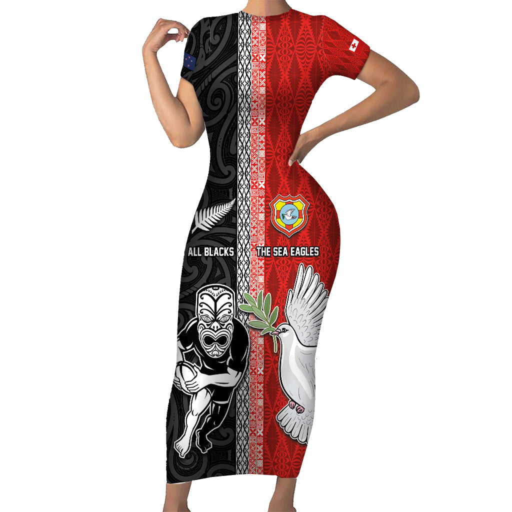 Custom Tonga and New Zealand Rugby Family Matching Short Sleeve Bodycon Dress and Hawaiian Shirt Maori Mix Ngatu Pattern LT03 Mom's Dress Black - Polynesian Pride