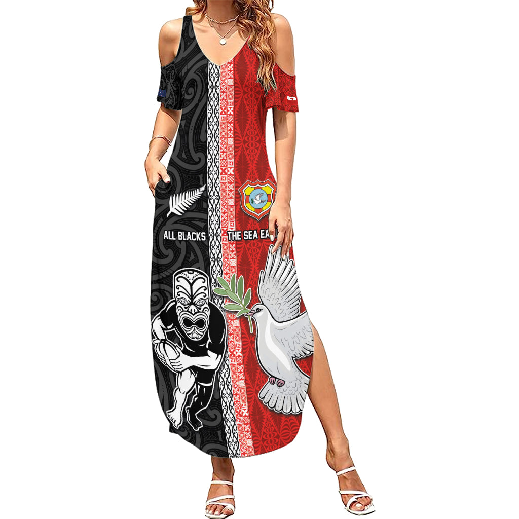 Custom Tonga and New Zealand Rugby Family Matching Summer Maxi Dress and Hawaiian Shirt Maori Mix Ngatu Pattern LT03 Mom's Dress Black - Polynesian Pride