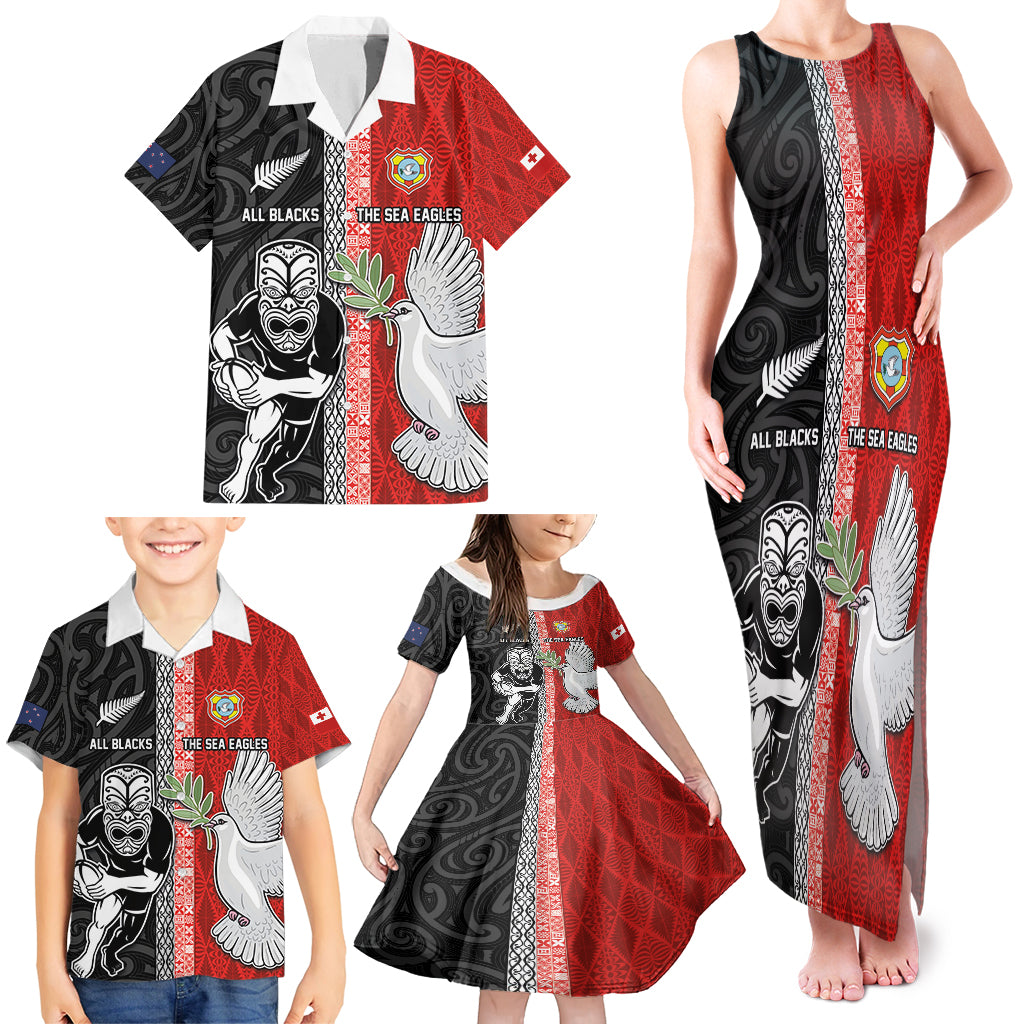 Custom Tonga and New Zealand Rugby Family Matching Tank Maxi Dress and Hawaiian Shirt Maori Mix Ngatu Pattern LT03 - Polynesian Pride