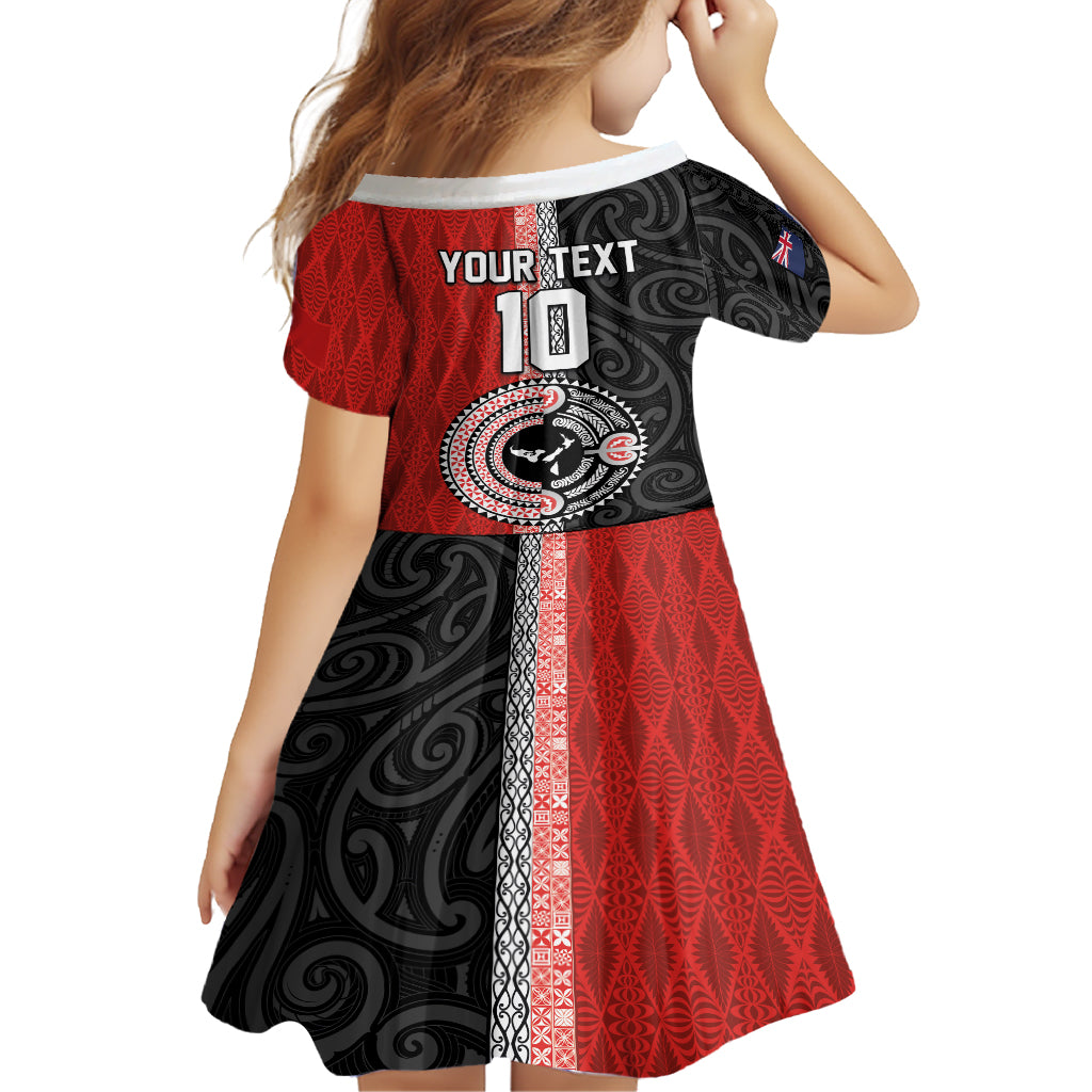 Custom Tonga and New Zealand Rugby Kid Short Sleeve Dress Maori Mix Ngatu Pattern