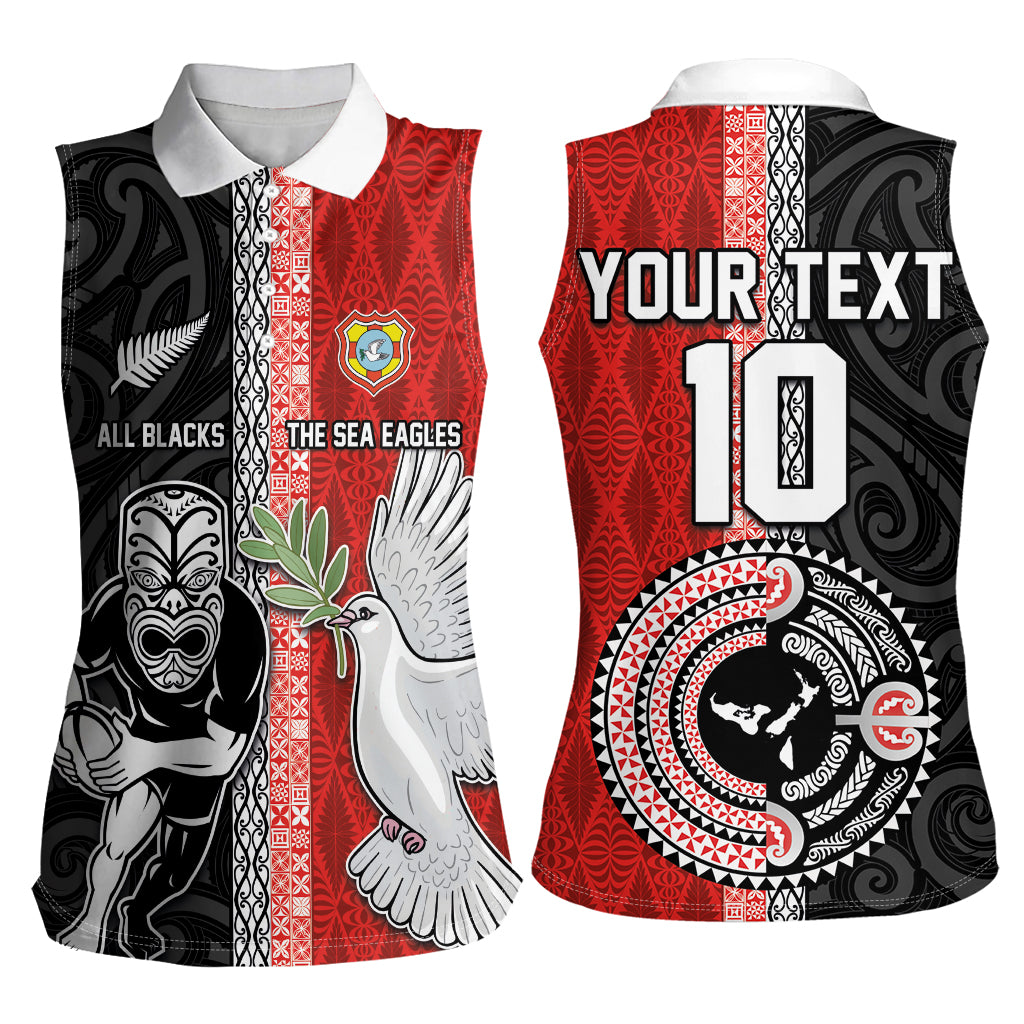 Custom Tonga and New Zealand Rugby Women Sleeveless Polo Shirt Maori Mix Ngatu Pattern LT03 - Polynesian Pride