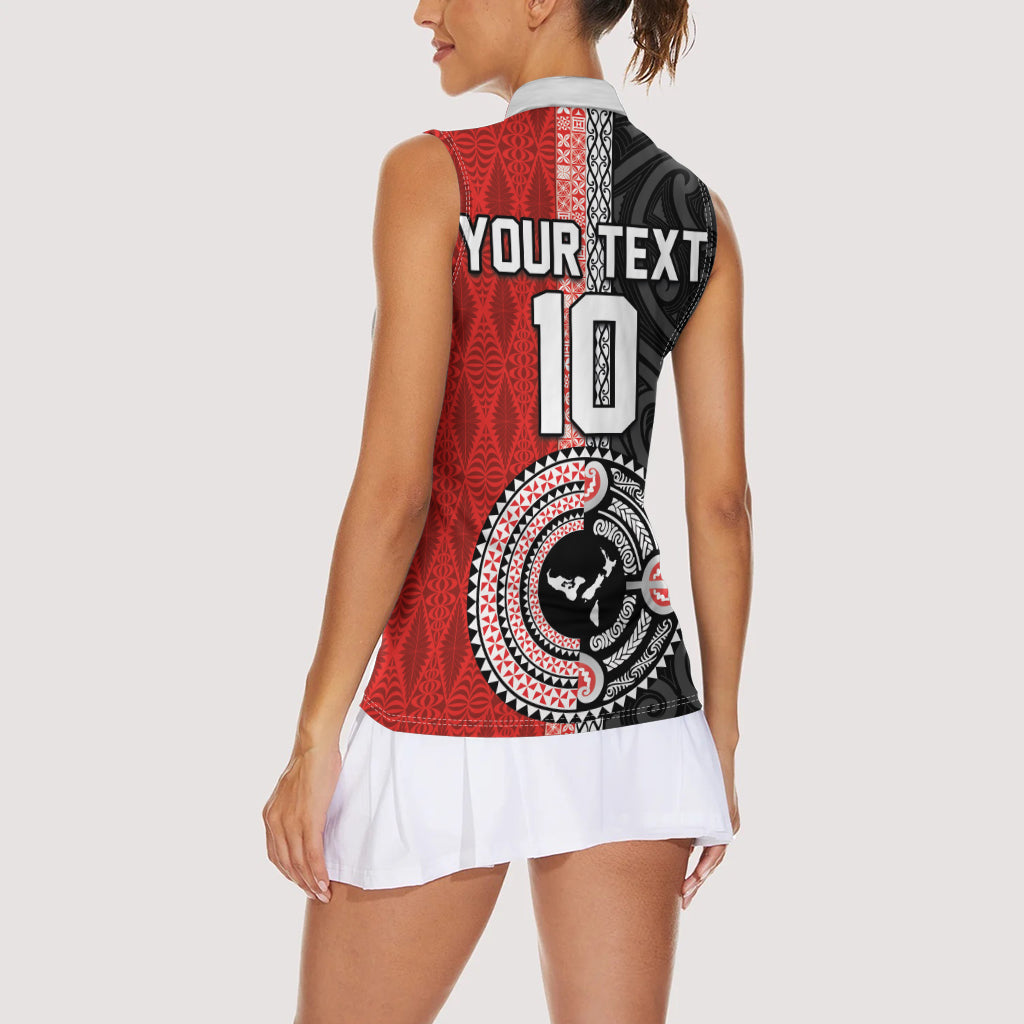 Custom Tonga and New Zealand Rugby Women Sleeveless Polo Shirt Maori Mix Ngatu Pattern LT03 - Polynesian Pride
