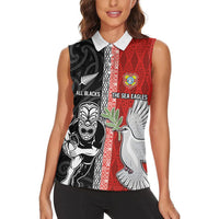 Custom Tonga and New Zealand Rugby Women Sleeveless Polo Shirt Maori Mix Ngatu Pattern LT03 - Polynesian Pride