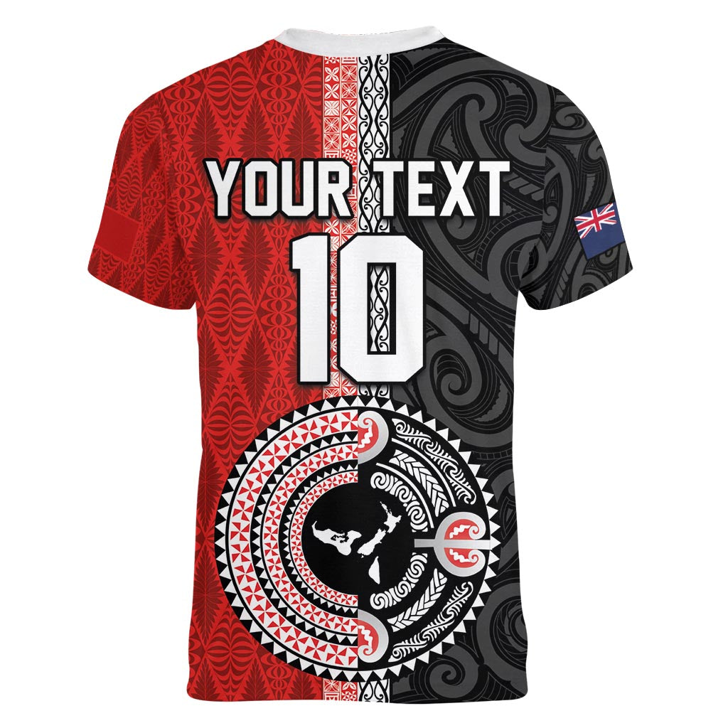 Custom Tonga and New Zealand Rugby Women V-Neck T-Shirt Maori Mix Ngatu Pattern LT03 - Polynesian Pride