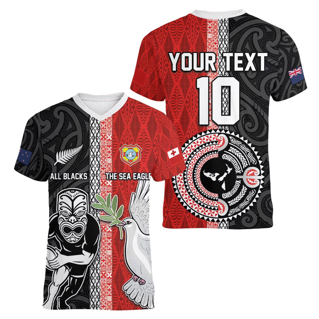 Custom Tonga and New Zealand Rugby Women V-Neck T-Shirt Maori Mix Ngatu Pattern LT03 - Polynesian Pride