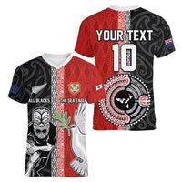 Custom Tonga and New Zealand Rugby Women V-Neck T-Shirt Maori Mix Ngatu Pattern LT03 - Polynesian Pride