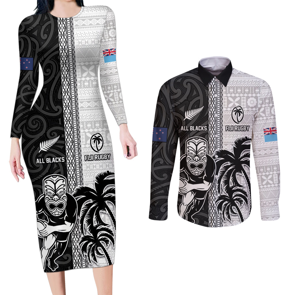 Custom Fiji and New Zealand Rugby Couples Matching Long Sleeve Bodycon Dress and Long Sleeve Button Shirt Tapa Mix Maori Pattern LT03 Black - Polynesian Pride