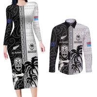 Custom Fiji and New Zealand Rugby Couples Matching Long Sleeve Bodycon Dress and Long Sleeve Button Shirt Tapa Mix Maori Pattern LT03 Black - Polynesian Pride
