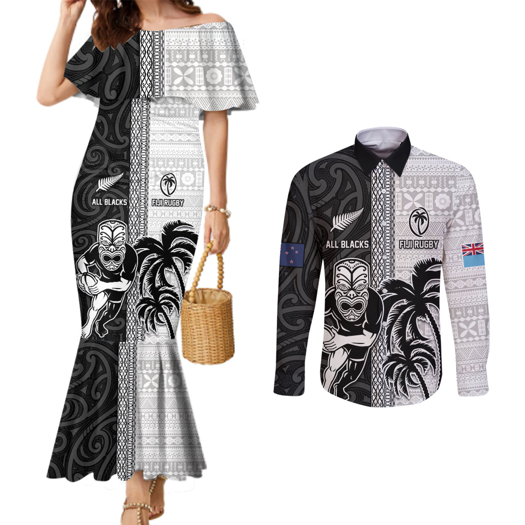 Custom Fiji and New Zealand Rugby Couples Matching Mermaid Dress and Long Sleeve Button Shirt Tapa Mix Maori Pattern LT03 Black - Polynesian Pride