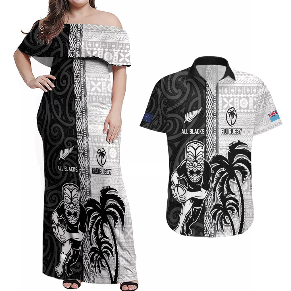 Custom Fiji and New Zealand Rugby Couples Matching Off Shoulder Maxi Dress and Hawaiian Shirt Tapa Mix Maori Pattern LT03 Black - Polynesian Pride