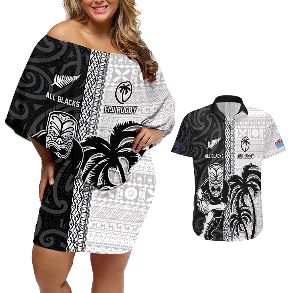 Custom Fiji and New Zealand Rugby Couples Matching Off Shoulder Short Dress and Hawaiian Shirt Tapa Mix Maori Pattern LT03 Black - Polynesian Pride