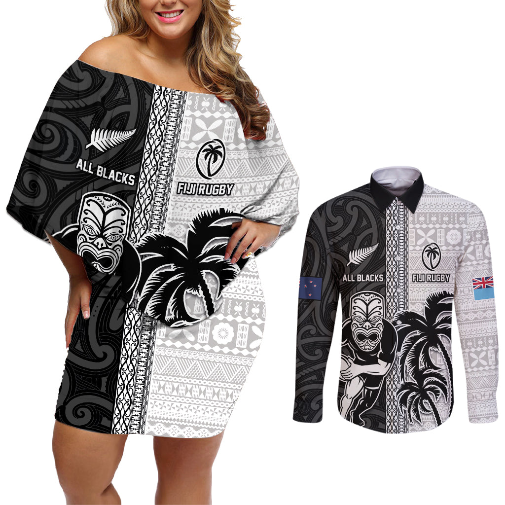 Custom Fiji and New Zealand Rugby Couples Matching Off Shoulder Short Dress and Long Sleeve Button Shirt Tapa Mix Maori Pattern LT03 Black - Polynesian Pride