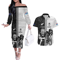 Custom Fiji and New Zealand Rugby Couples Matching Off The Shoulder Long Sleeve Dress and Hawaiian Shirt Tapa Mix Maori Pattern LT03 Black - Polynesian Pride