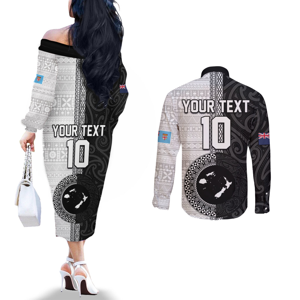 Custom Fiji and New Zealand Rugby Couples Matching Off The Shoulder Long Sleeve Dress and Long Sleeve Button Shirt Tapa Mix Maori Pattern LT03 - Polynesian Pride