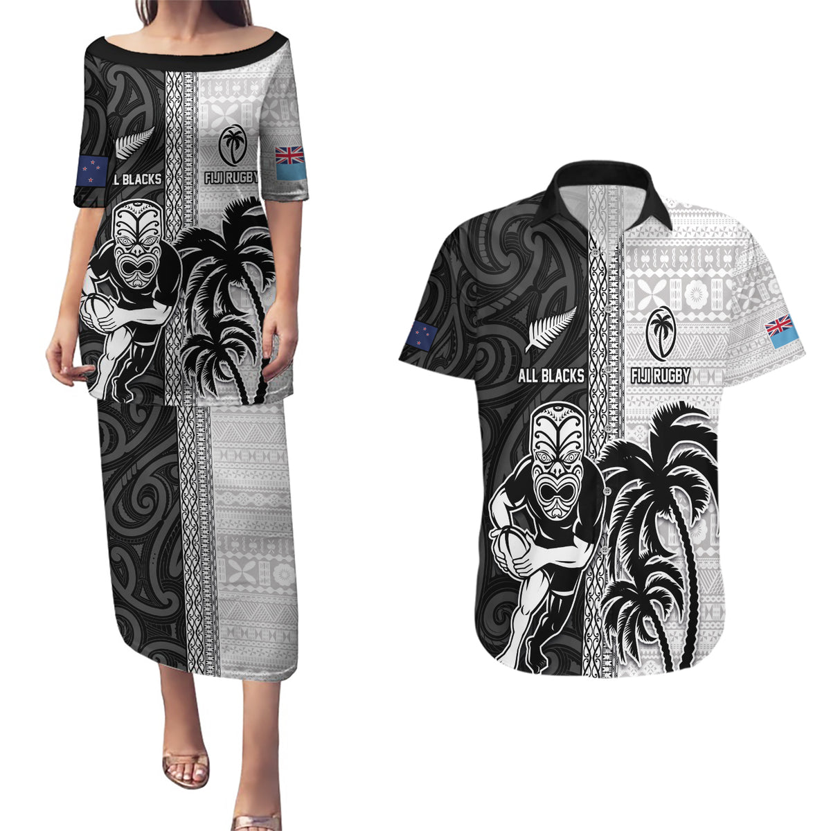 Custom Fiji and New Zealand Rugby Couples Matching Puletasi and Hawaiian Shirt Tapa Mix Maori Pattern LT03 Black - Polynesian Pride