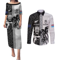 Custom Fiji and New Zealand Rugby Couples Matching Puletasi and Long Sleeve Button Shirt Tapa Mix Maori Pattern LT03 Black - Polynesian Pride