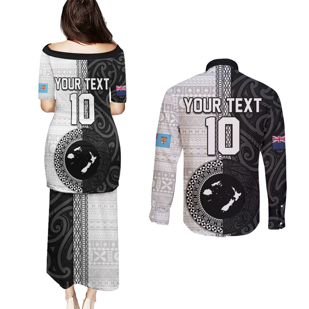 Custom Fiji and New Zealand Rugby Couples Matching Puletasi and Long Sleeve Button Shirt Tapa Mix Maori Pattern LT03 - Polynesian Pride
