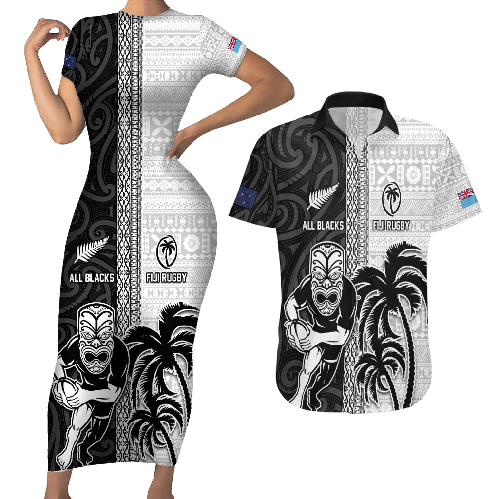 Custom Fiji and New Zealand Rugby Couples Matching Short Sleeve Bodycon Dress and Hawaiian Shirt Tapa Mix Maori Pattern LT03 Black - Polynesian Pride