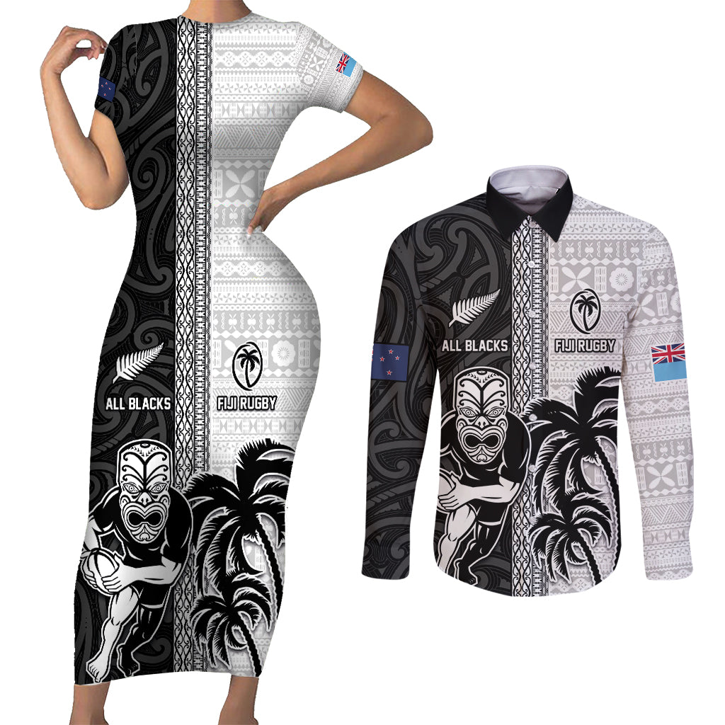 Custom Fiji and New Zealand Rugby Couples Matching Short Sleeve Bodycon Dress and Long Sleeve Button Shirt Tapa Mix Maori Pattern LT03 Black - Polynesian Pride