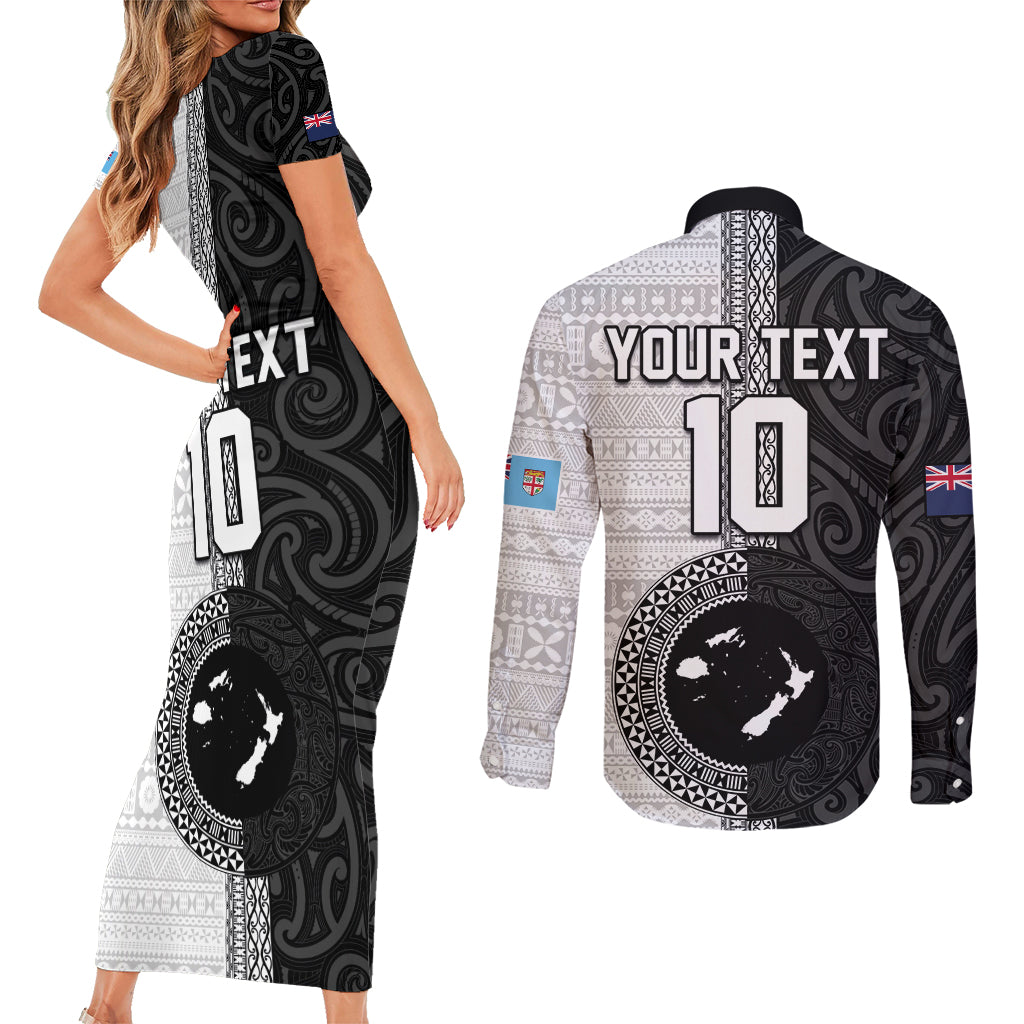 Custom Fiji and New Zealand Rugby Couples Matching Short Sleeve Bodycon Dress and Long Sleeve Button Shirt Tapa Mix Maori Pattern LT03 - Polynesian Pride