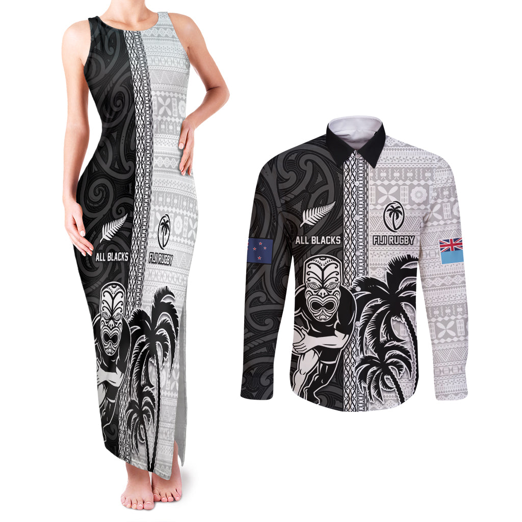 Custom Fiji and New Zealand Rugby Couples Matching Tank Maxi Dress and Long Sleeve Button Shirt Tapa Mix Maori Pattern LT03 Black - Polynesian Pride