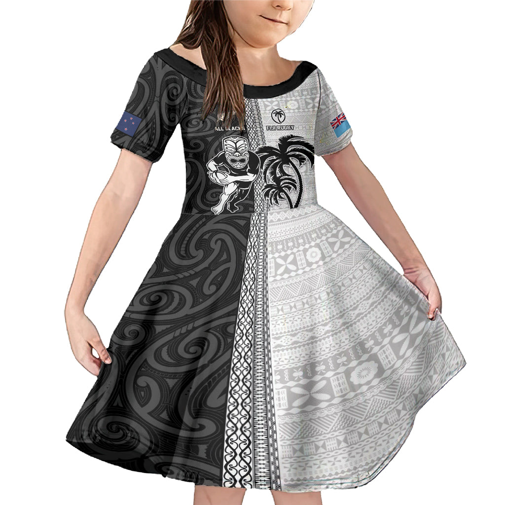 Custom Fiji and New Zealand Rugby Family Matching Mermaid Dress and Hawaiian Shirt Tapa Mix Maori Pattern LT03 Daughter's Dress Black - Polynesian Pride