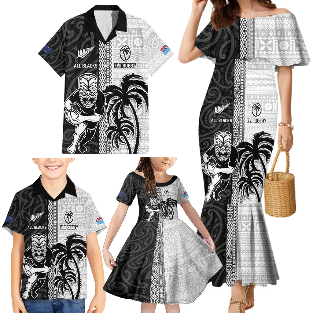 Custom Fiji and New Zealand Rugby Family Matching Mermaid Dress and Hawaiian Shirt Tapa Mix Maori Pattern LT03 - Polynesian Pride