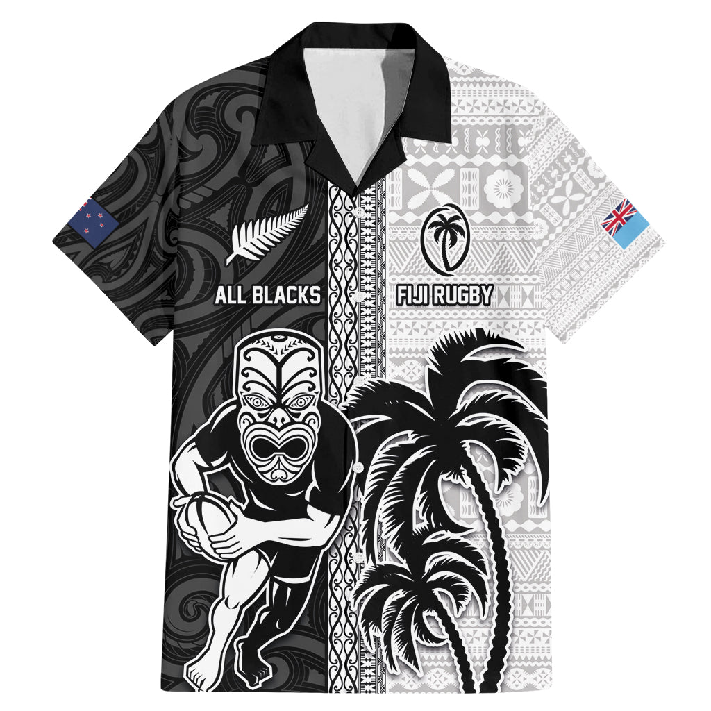 Custom Fiji and New Zealand Rugby Family Matching Mermaid Dress and Hawaiian Shirt Tapa Mix Maori Pattern LT03 Dad's Shirt - Short Sleeve Black - Polynesian Pride