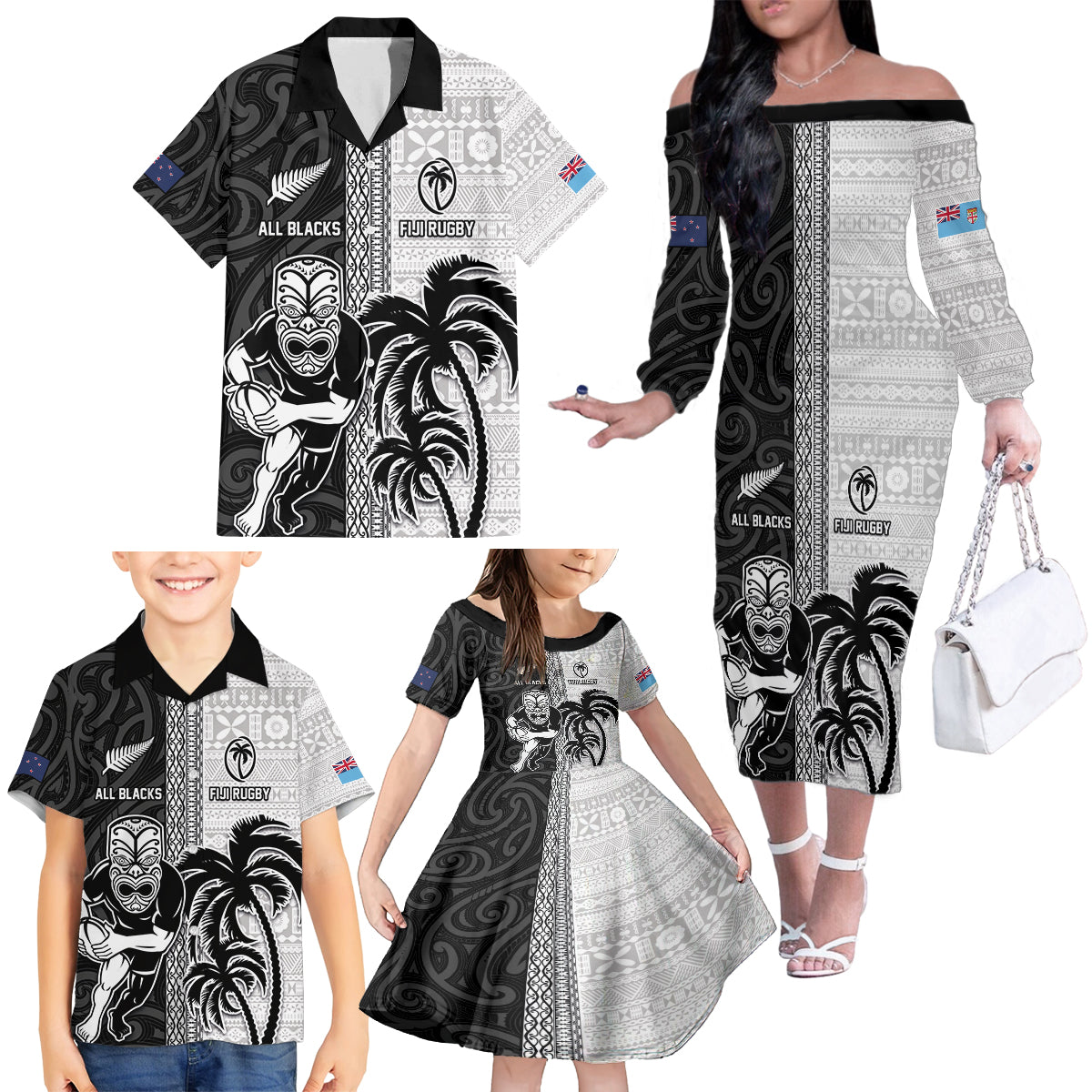 Custom Fiji and New Zealand Rugby Family Matching Off The Shoulder Long Sleeve Dress and Hawaiian Shirt Tapa Mix Maori Pattern LT03 - Polynesian Pride