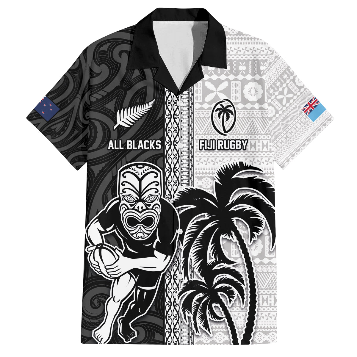 Custom Fiji and New Zealand Rugby Family Matching Off The Shoulder Long Sleeve Dress and Hawaiian Shirt Tapa Mix Maori Pattern LT03 Dad's Shirt - Short Sleeve Black - Polynesian Pride