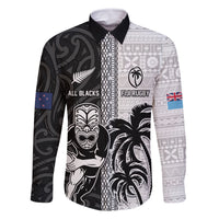 Custom Fiji and New Zealand Rugby Family Matching Off The Shoulder Long Sleeve Dress and Hawaiian Shirt Tapa Mix Maori Pattern LT03 Dad's Shirt - Long Sleeve Black - Polynesian Pride
