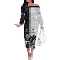 Custom Fiji and New Zealand Rugby Family Matching Off The Shoulder Long Sleeve Dress and Hawaiian Shirt Tapa Mix Maori Pattern LT03 Mom's Dress Black - Polynesian Pride