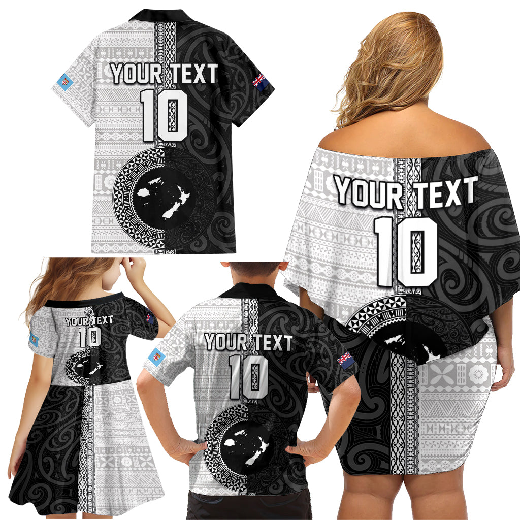 Custom Fiji and New Zealand Rugby Family Matching Off Shoulder Short Dress and Hawaiian Shirt Tapa Mix Maori Pattern LT03 - Polynesian Pride