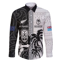 Custom Fiji and New Zealand Rugby Family Matching Off Shoulder Short Dress and Hawaiian Shirt Tapa Mix Maori Pattern LT03 Dad's Shirt - Long Sleeve Black - Polynesian Pride