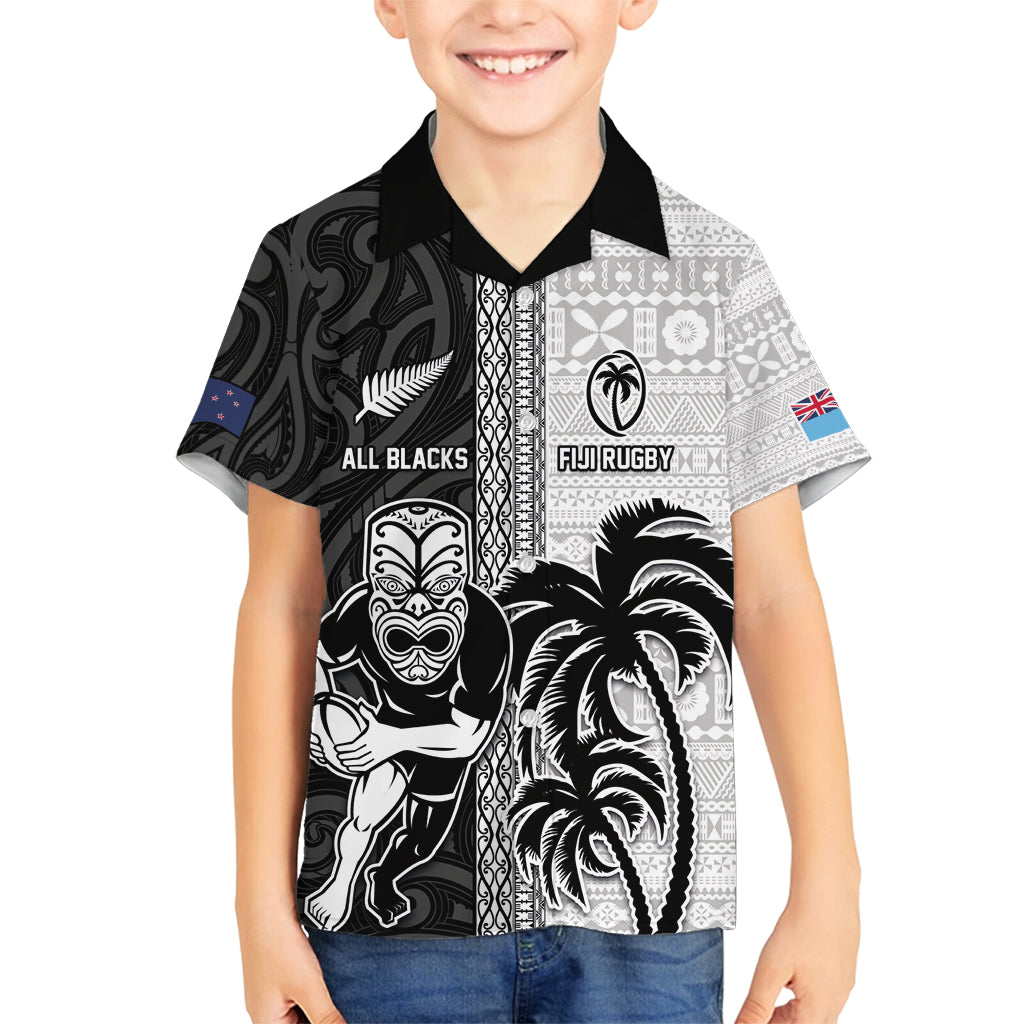 Custom Fiji and New Zealand Rugby Family Matching Off Shoulder Short Dress and Hawaiian Shirt Tapa Mix Maori Pattern LT03 Son's Shirt Black - Polynesian Pride