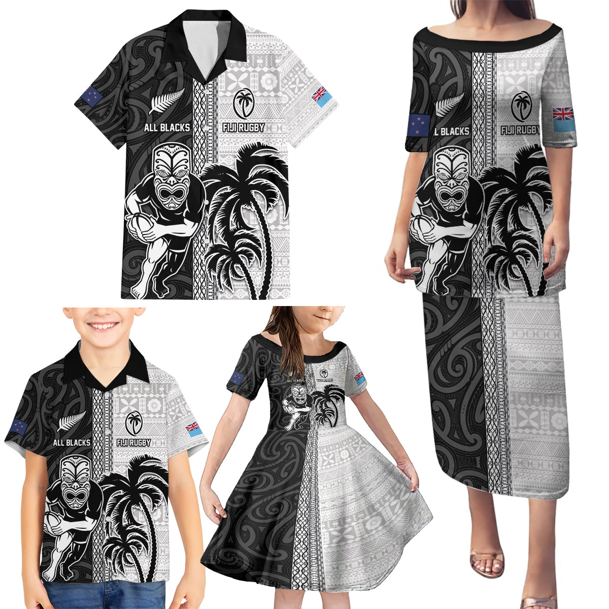 Custom Fiji and New Zealand Rugby Family Matching Puletasi and Hawaiian Shirt Tapa Mix Maori Pattern LT03 - Polynesian Pride