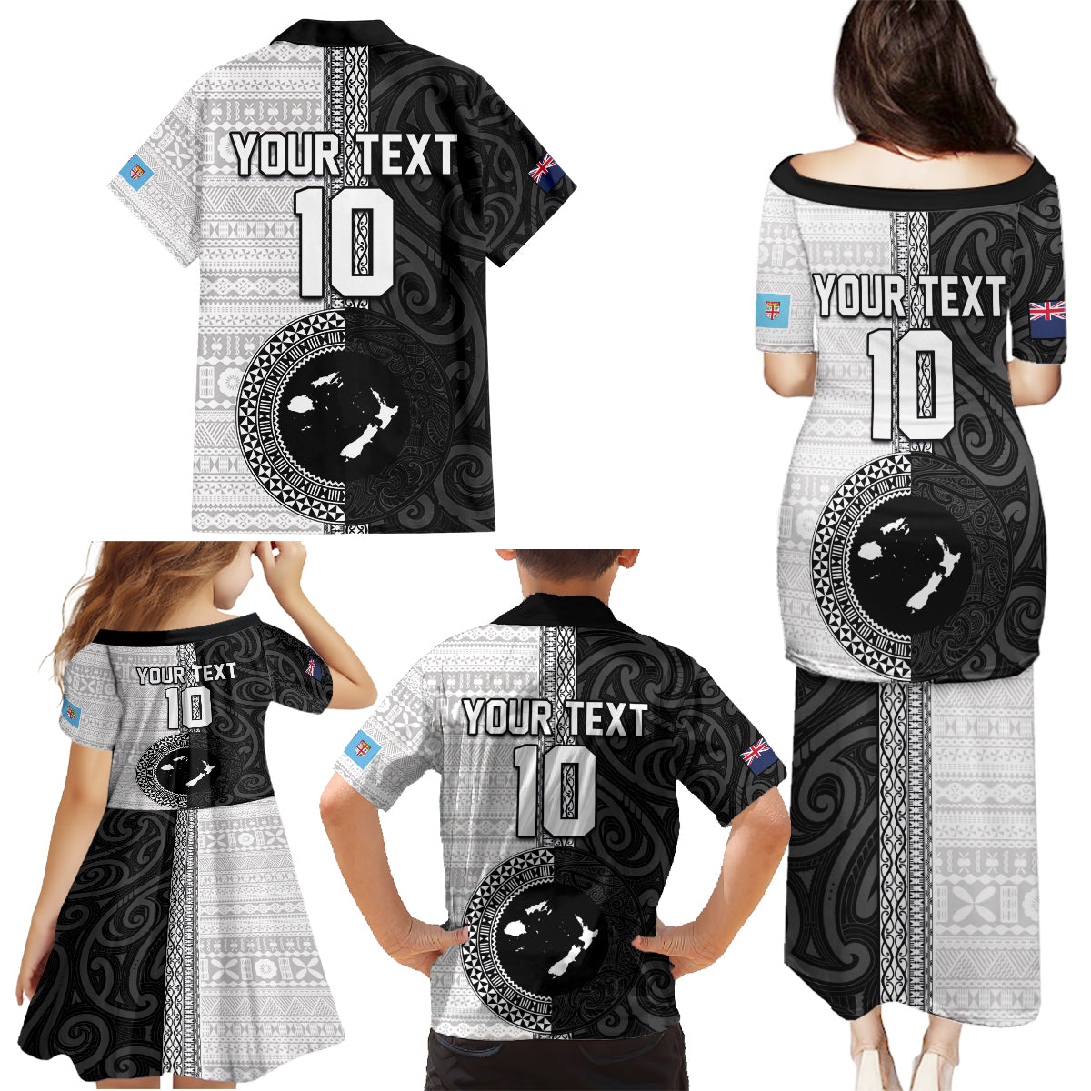 Custom Fiji and New Zealand Rugby Family Matching Puletasi and Hawaiian Shirt Tapa Mix Maori Pattern LT03 - Polynesian Pride