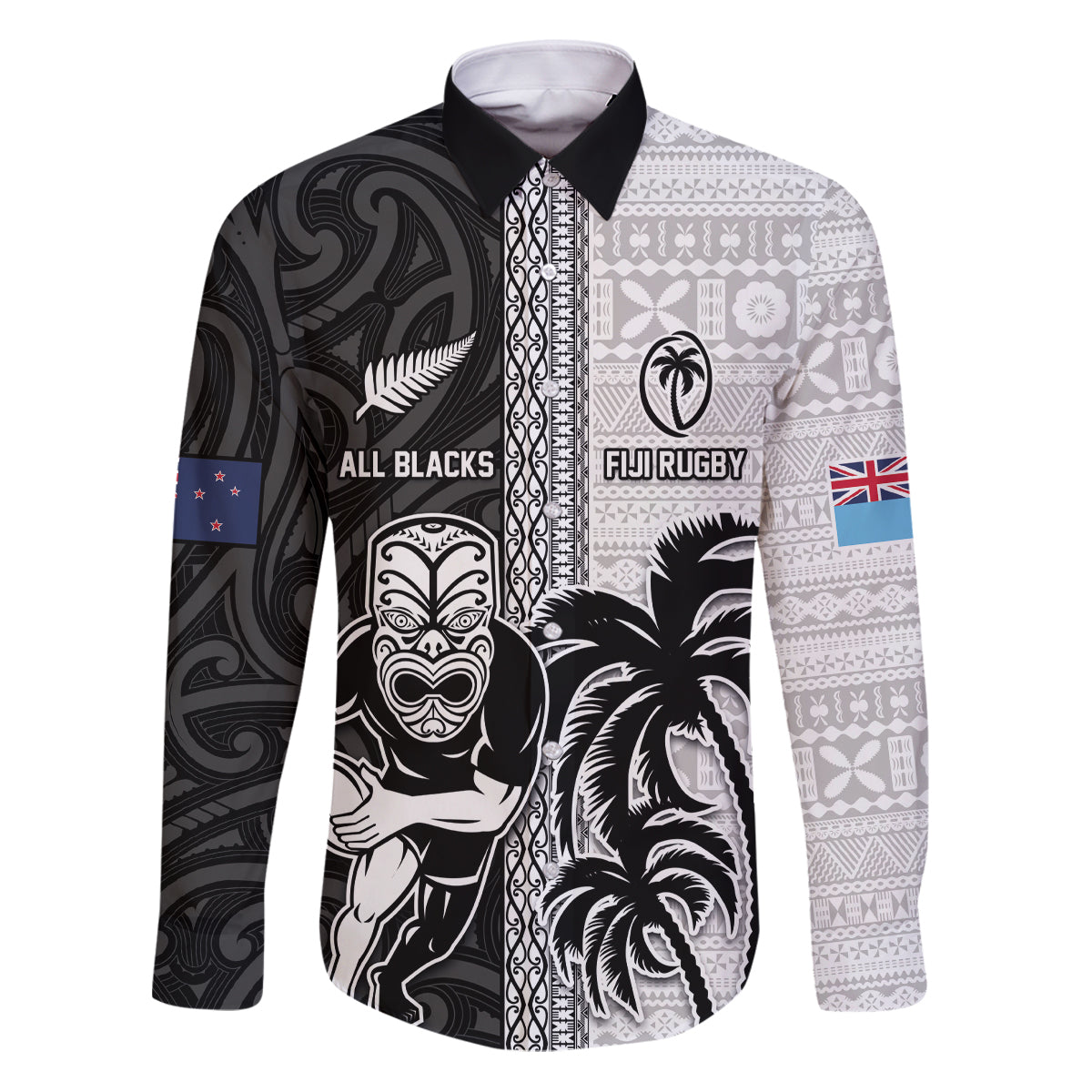 Custom Fiji and New Zealand Rugby Family Matching Puletasi and Hawaiian Shirt Tapa Mix Maori Pattern LT03 Dad's Shirt - Long Sleeve Black - Polynesian Pride