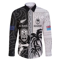 Custom Fiji and New Zealand Rugby Family Matching Puletasi and Hawaiian Shirt Tapa Mix Maori Pattern LT03 Dad's Shirt - Long Sleeve Black - Polynesian Pride