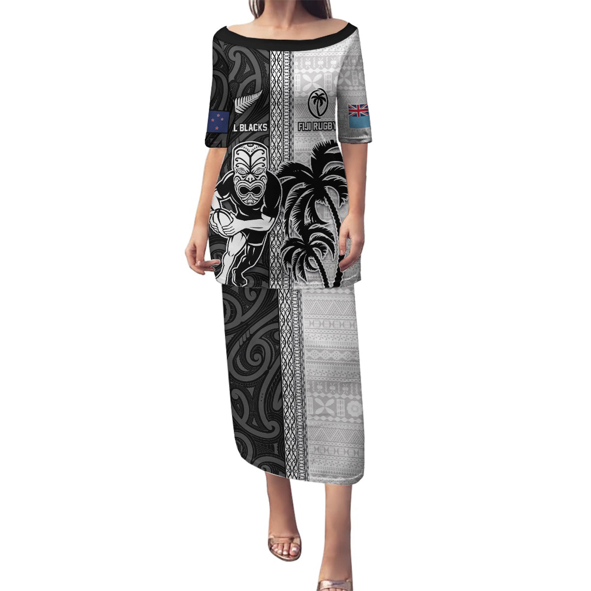 Custom Fiji and New Zealand Rugby Family Matching Puletasi and Hawaiian Shirt Tapa Mix Maori Pattern LT03 Mom's Dress Black - Polynesian Pride