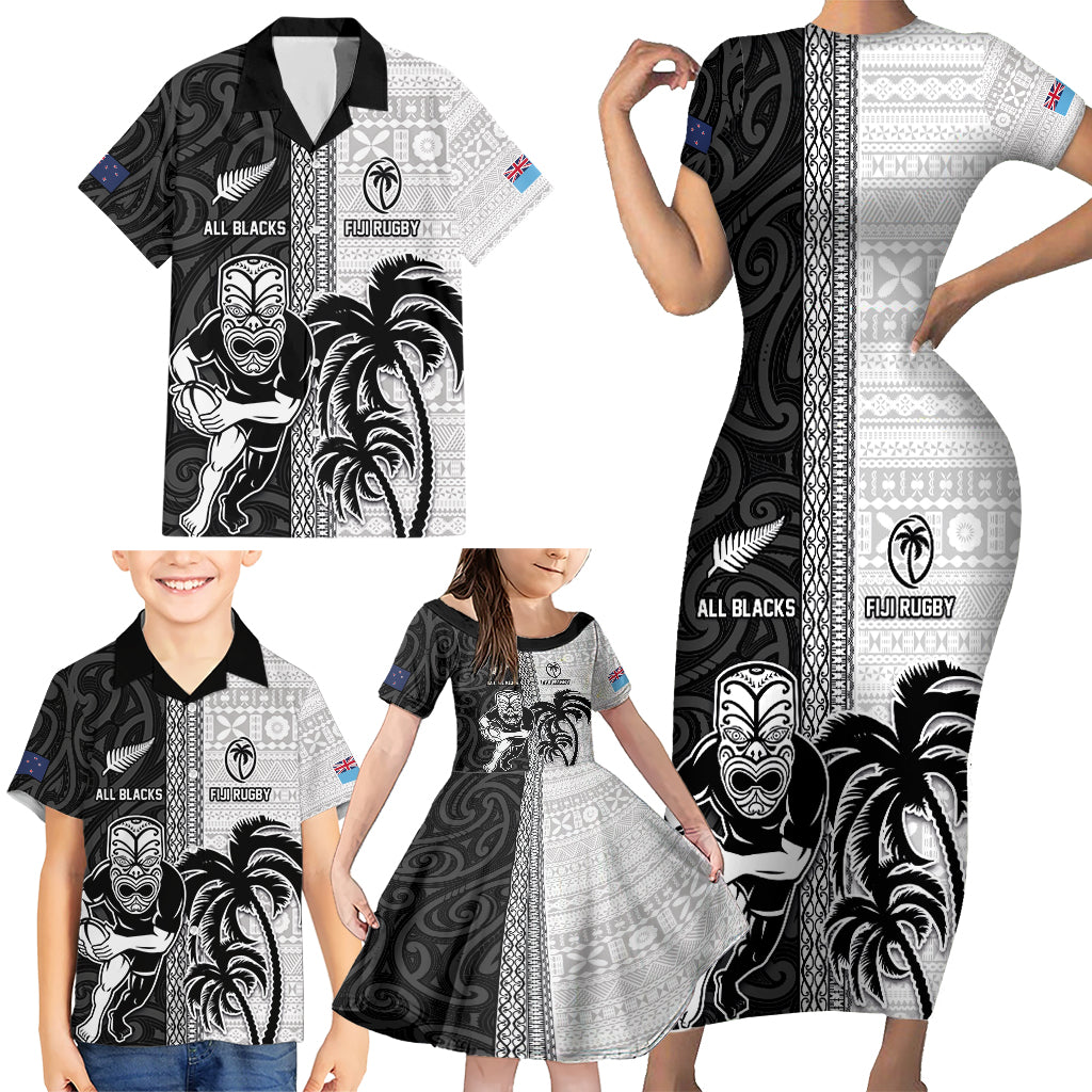 Custom Fiji and New Zealand Rugby Family Matching Short Sleeve Bodycon Dress and Hawaiian Shirt Tapa Mix Maori Pattern LT03 - Polynesian Pride
